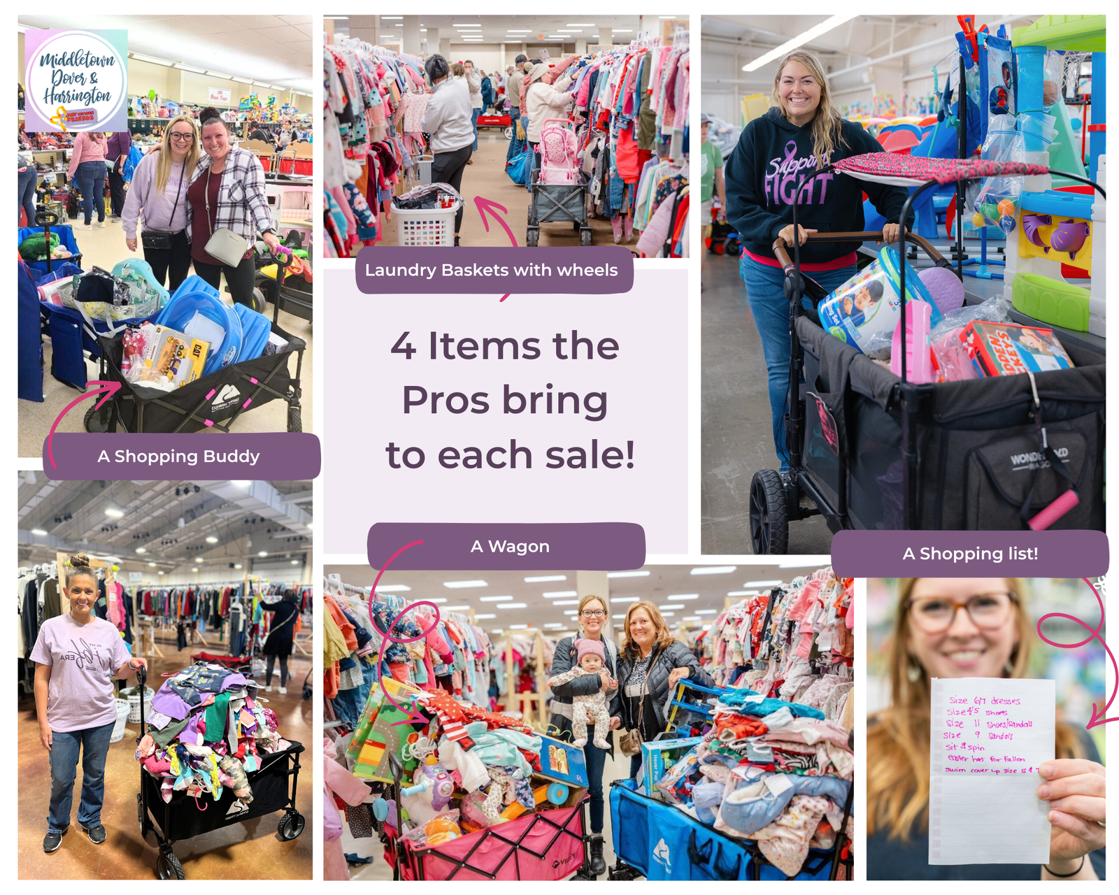 A collage that says 4 Tips the pros bring to each sale! A Laundry basket with wheels, A Shopping list, A shopping buddy and a wagon.Photos includie  Bikes, shoppers, and clothing