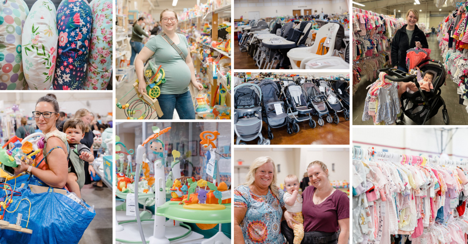Collage of Moms with infants and Babies shopping at Just Between Friends Harrington
